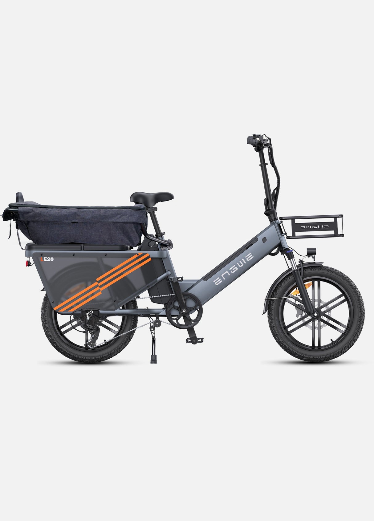 a grey engwe le20 electric cargo bike with a front and a rear basket