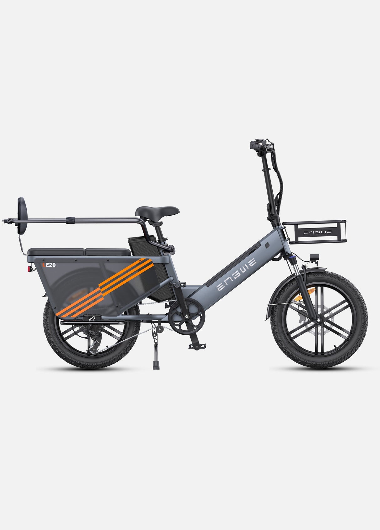 a grey engwe le20 e-bike with rear guardrail and backrest