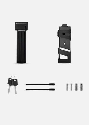 It shows the ENGWE folding bike lock along with its accessories, including two keys, mounting straps, and screws for installation.