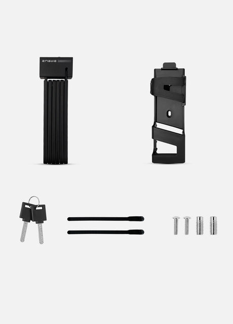 It shows the ENGWE folding bike lock along with its accessories, including two keys, mounting straps, and screws for installation.