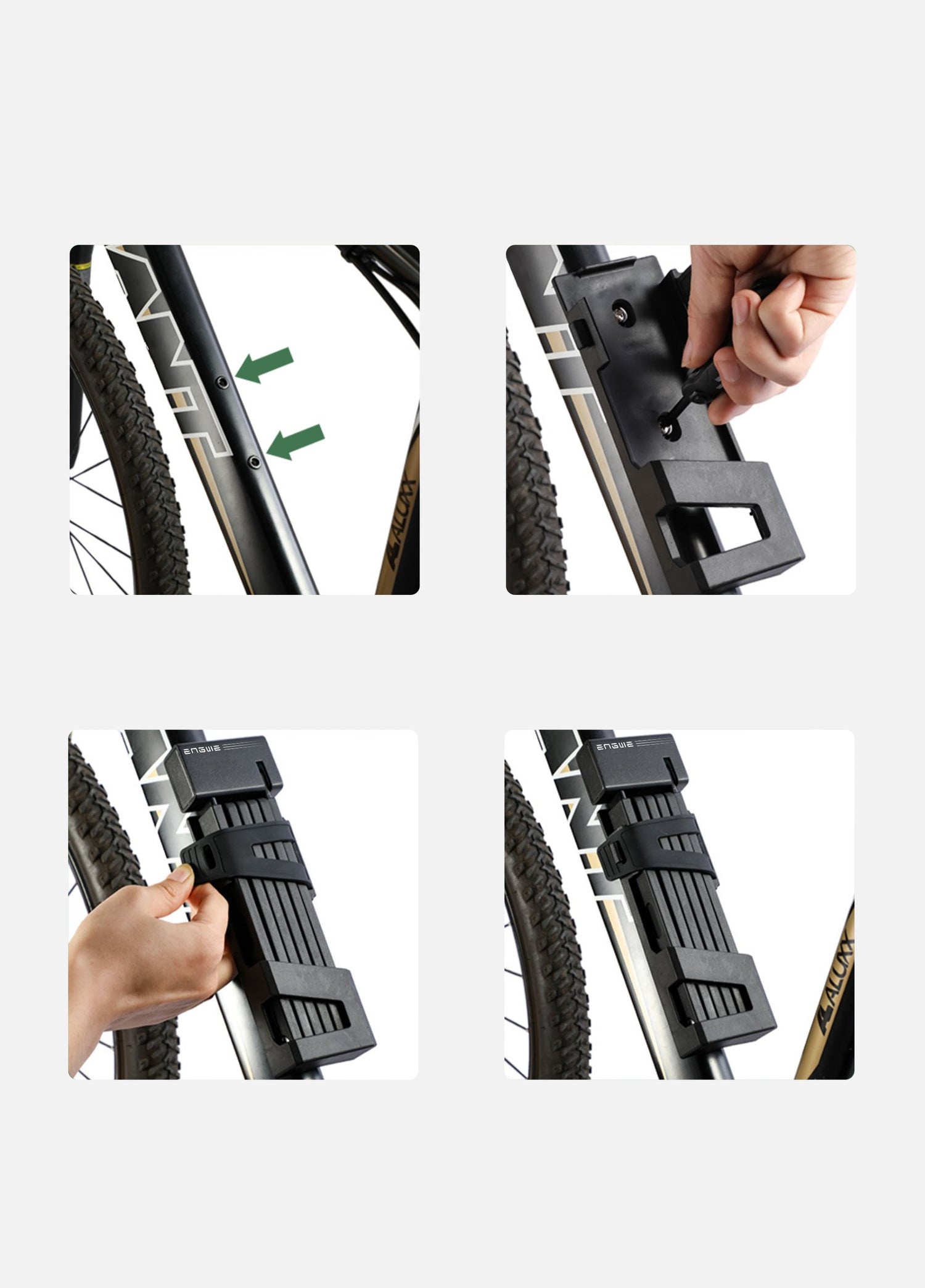 It demonstrates the installation process of the ENGWE folding bike lock, showing how to securely mount it onto a bike frame using screws and the included bracket for easy storage and access.